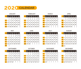 Calendar for 2020 year with months and weeks vector