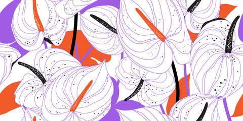 Modern floral tropical pattern. Hand-drawn bright anthurium flowers on a lilac and orange background. Vector illustration. - obrazy, fototapety, plakaty