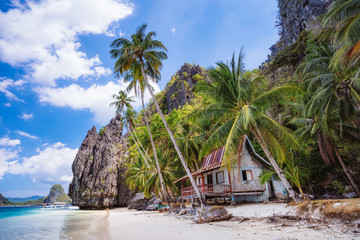 Obraz premium tropical hut under palm trees on Ipil Beach at Pinagbuyutan Island. El Nido, Palawan, Philippines