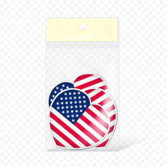 Clear flat plastic pocket bag filled with US flag stickers, vector template. Transparent retail pouch package