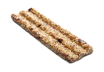 Granola muesli protein, energy bar with cranberries isolated on white background