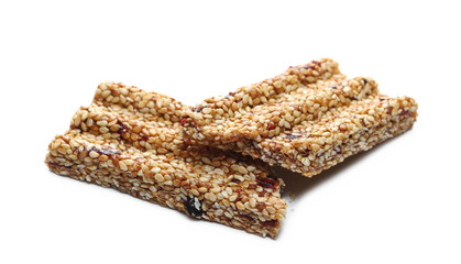 Granola muesli protein, energy bar with cranberries isolated on white background