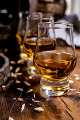 Small tasting glasses with aged Scotch whisky on old dark wooden vintage table with barley grains