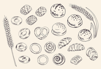 Hand drawn bakery vector set. Collection of bread and pastry