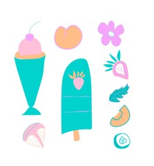 Set of cute ice cream,strawberry and orange slices.Clip art food illustrations in flat style in blue, pink and lilac shades.Design for menus,posters,web,social networks,textiles,banner.