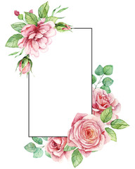 Beautiful watercolor frame with pink roses. Pre-made floral composition for your wedding or party. invitation cards, spring decor, wedding invitation, menu, cards, greeting cards, posters, scrapbook