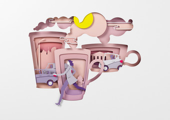 Young woman walking on the street in the morning. Concept 3d illustration of people hurrying to work in the morning.