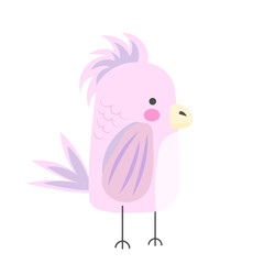 Cute cartoon bird. The pink parrot. Children vector illustration isolated on white background.