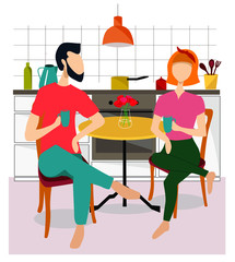Husband and wife breakfast together. Man and woman in the kitchen. Vector illustration in a flat style