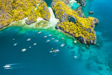 Palawan, Philippines aerial view of entrance to big lagoon. Natural scenery of tropical Miniloc island