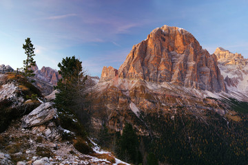 Sunset alpine light in the Dolomites, Italy, Europe