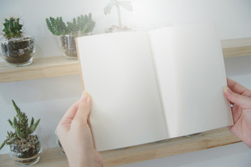 Closed up image of hands opening a notebook. Blank page. Background of plant’s shelf.