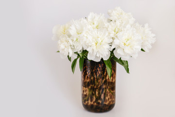 Studio shot of beautiful peony flowers over textured background with a lot of copy space for text. Feminine floral composition. Close up, top view, backdrop, flat lay.