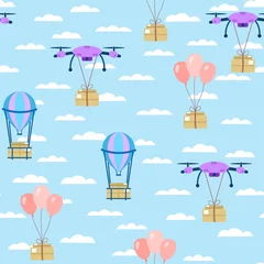Fototapeten Seamless pattern. Parcel delivery by drone, balloon. Parcels fly through the sky with clouds. Vector © DropOfWax