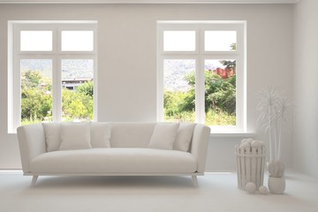 White living room with sofa and summer landscape in window. Scandinavian interior design. 3D illustration