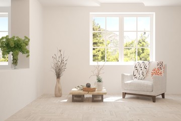 White living room with armchair and green landscape in window. Scandinavian interior design. 3D illustration