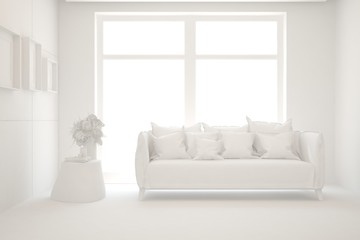 White minimalist living room with sofa. Scandinavian interior design. 3D illustration