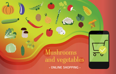 Smartphone screen with ordering vegetables and mushrooms via the app with home delivery. Flat illustration with a huge variety of eco-farm food products over the Internet. Poster for an ad, banner for