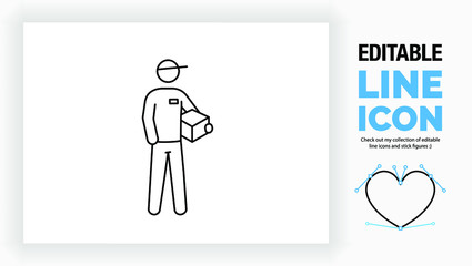 Editable line icon of a postman delivering a box, part of a huge set of stick figures!	