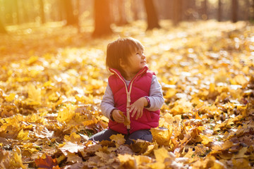 little beautiful girl 1 year old sits in orange autumn foliage in the forest on a warm autumn day and plays with leaves 1