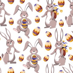 Easter bunny dancing with egg seamless pattern vector