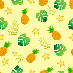 Summer seamless pattern. Vector pineapple, carambola, monstera leaf, palm leaf.