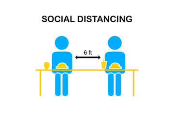 Restaurant and social distancing concept.People sitting in restaurant eating food with table seating arrangements in Canteen.Alternate seating in local public food courts.safety measures. line icon.