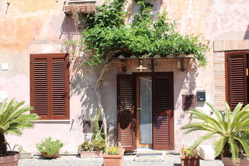 Fototapeta na wymiar view of old house covered with creepers in street of old town near rome italy