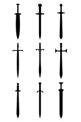 A set of nine different types of medieval and game swords. Illustration for various purposes of icons, brochures, banners, logos.