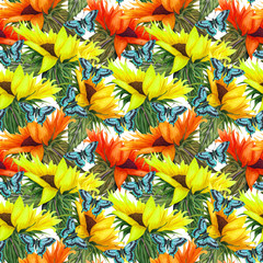 Fototapeta premium Sunflower seamless pattern. Sunflower fabric background.