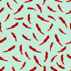 Hot red chili peppers seamless pattern. Vector stock illustration on color background. Trendy flat illustration style. Great for textiles, paper and other surfaces.	