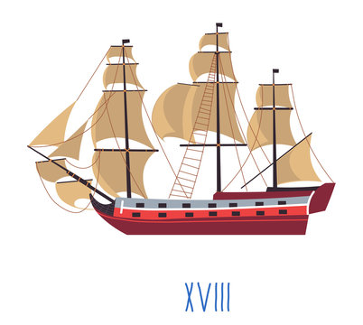 Ship With Sails, Evolution Of Naval Building Vector