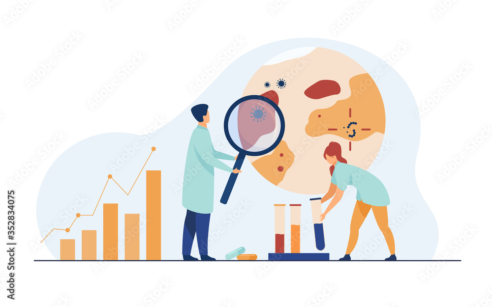 Poster scientists studying virus in laboratory. doctors using analyzing microscopic bacteria, samples in gl