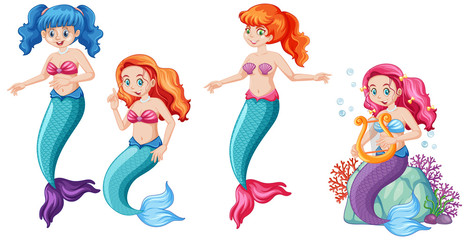 Set of cute mermaids cartoon character cartoon style on white background.