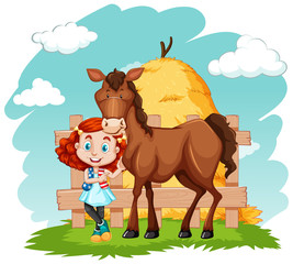Scene with little girl and brown horse