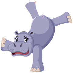 Cute hippo doing one handstanding on white background