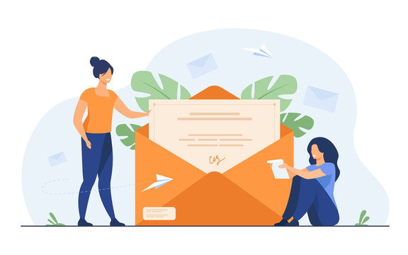 Woman Receiving Mail And Reading Letter. Person Getting Contract With Signature Out Of Envelope. Flat Vector Illustration For Email, Message, Communication Concept