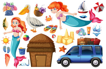 Set of mermaid and summer vacation icon cartoon character on white background