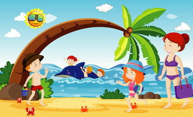 Obraz na płótnie Canvas Ocean scene with people having fun on the beach