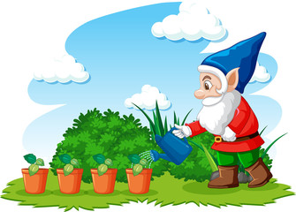 Gnome watering plants in the garden on white background