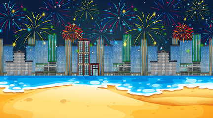 Cityscape with celebration fireworks scene