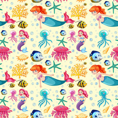 Seamless mermaid and sea animal cartoon style on yellow background