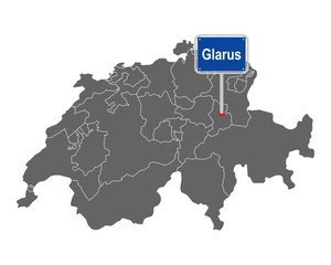Landkarte der Schweiz mit Ortsschild von Glarus