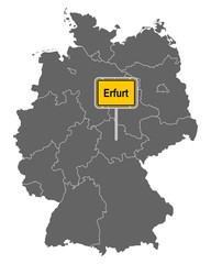 Landkarte von Deutschland mit Ortsschild von Erfurt