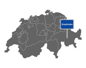 Landkarte der Schweiz mit Ortsschild von Graubünden
