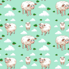 Seamless background design with white sheep and clouds