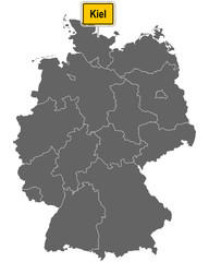 Landkarte von Deutschland mit Ortsschild von Kiel