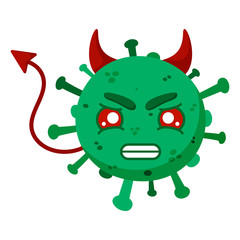 Green coronavirus with a horns and tail. Angry, aggressive devil. Сovid-19. Funny cartoon character with emotion. Vector illustration isolated on a white background.