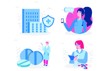 Clinical center, hospital, doctor, support, medical treatment, nurse. Vector illustration for web banner, infographics, mobile. 