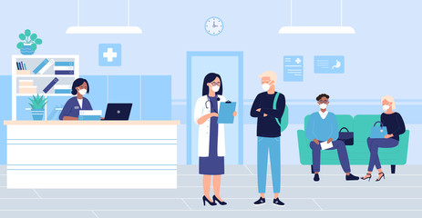 Fototapeta na wymiar People wait in hospital hall interior vector illustration. Cartoon flat patient woman man characters in masks sitting in doctor reception room, waiting for doctoral exam. Medical healthcare background